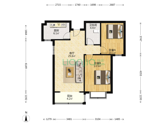 全南两居室 带装修 视野开阔 日照时间长-户型图