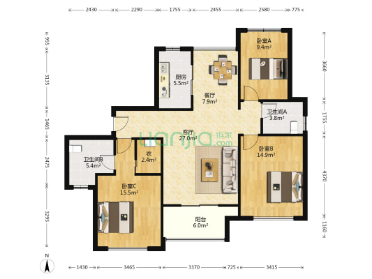 上城蝶园 3室2厅2卫 125平方