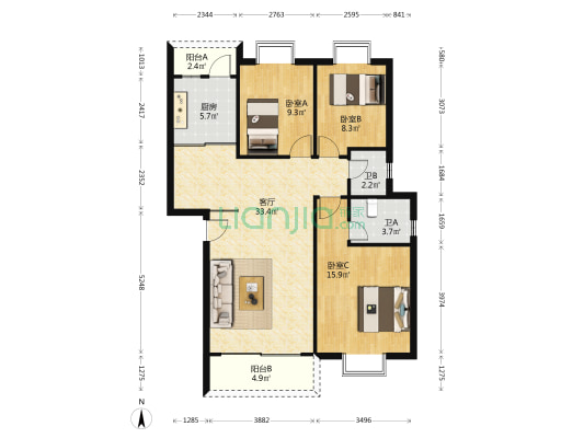 园丁花园小区 3室1厅2卫 102平方