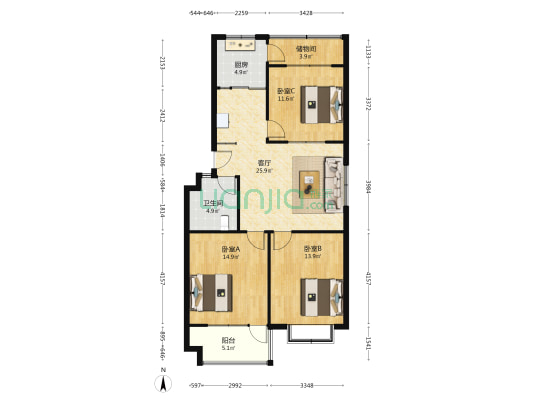 鼎正城市花园 3室1厅1卫 107平方