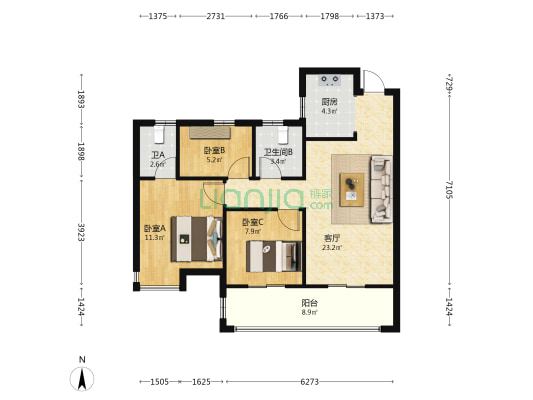 恒宇国际公馆 3室1厅2卫 88平方