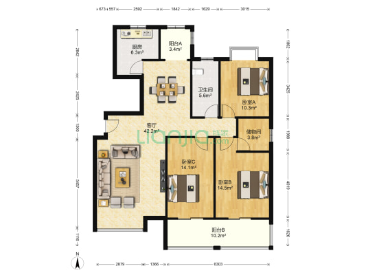 湖南省地震局宿舍 3室1厅1卫 136平方