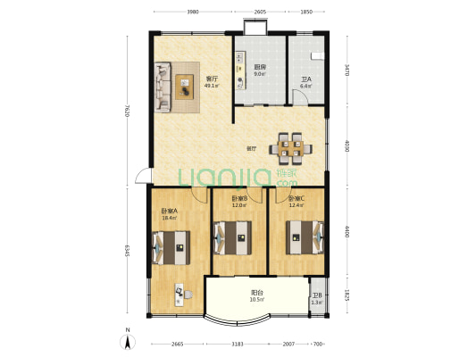化工小区 3室1厅2卫 137平方