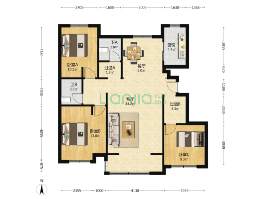 紫荆华府 3室2厅2卫 125平方