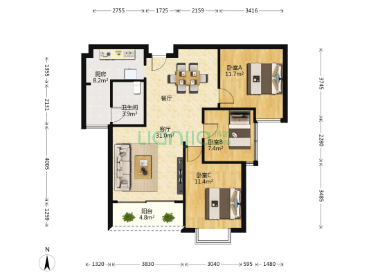 启美新城 3室1厅1卫 92平方