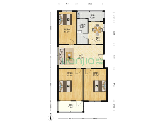 中捷小区 3室2厅1卫 110平方