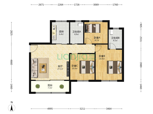 杨鑫佳苑 3室1厅2卫 123平方
