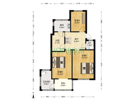 武汉工程大学教工宿舍 3室1厅2卫 70平方