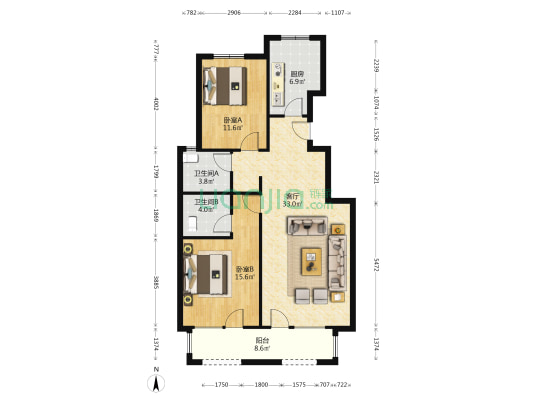 一梯两户 两居双卫洋房 贯穿大阳台 房本满二 带车位-户型图