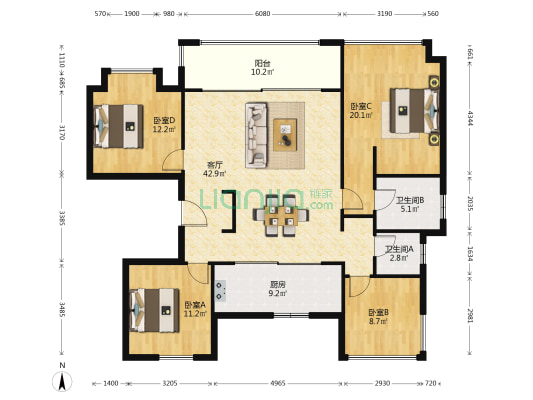 翡翠天际天阅 4室1厅2卫 143平方