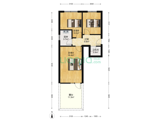 铁道部建厂局家属楼 2室1厅 南 北-户型图