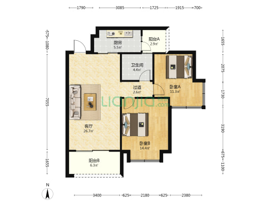 春熙江岸 2室1厅1卫 88平方