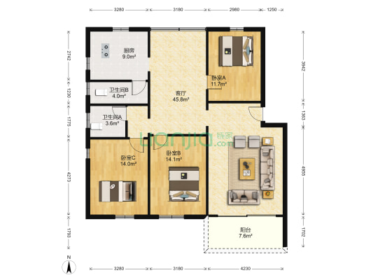 华侨新村 3室1厅2卫 115平方