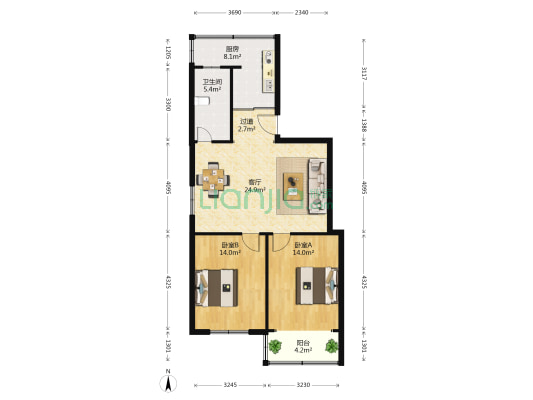 槐杨苑 2室1厅1卫 87平方