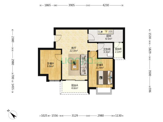方中兰亭轩 2室1厅1卫 76平方