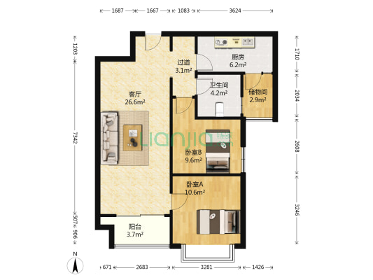 恒大绿洲三期 2室1厅1卫 88平方