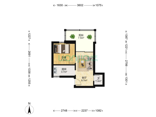 洪德雅苑 1室1厅1卫 37平方