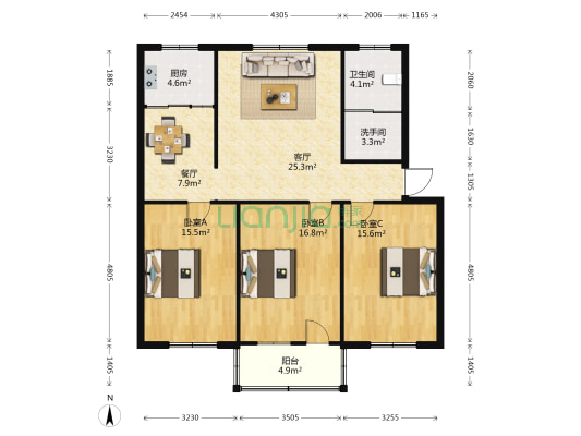 区粮局北家属院 3室2厅2卫 130平方
