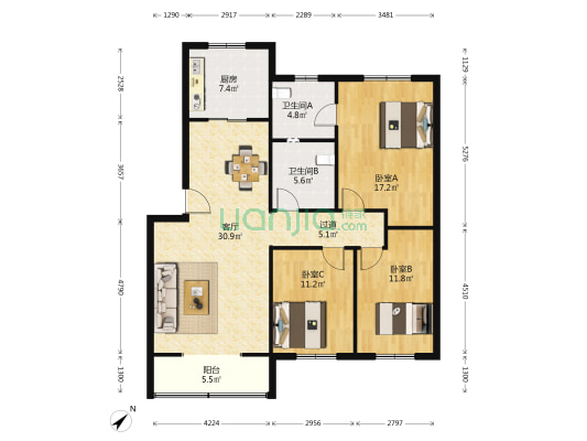 信禾人家(成华) 3室1厅2卫 124平方