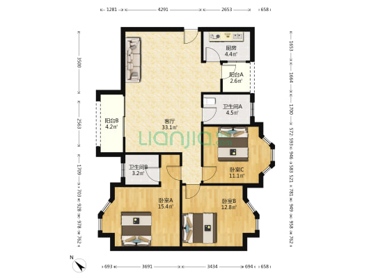 海德花园 3室1厅2卫 113平方