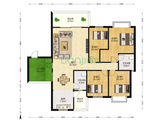 奥林花园 4室1厅2卫 152平方