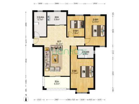 望湖家园 3室1厅2卫 120平方