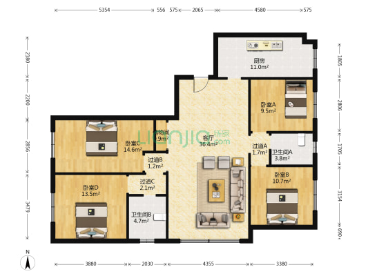 依水现代城 4室1厅2卫 153平方
