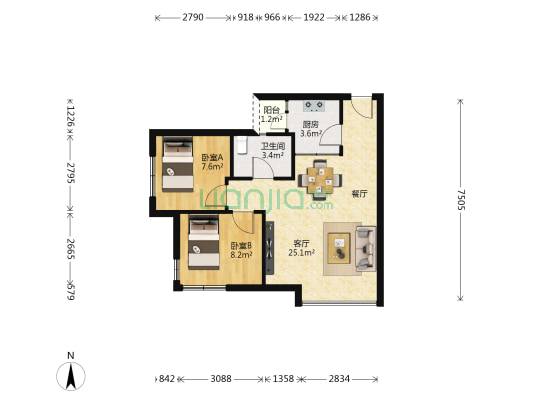 丽江花园德泽楼 2室1厅1卫 71平方