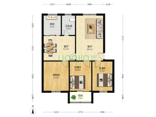 滨河花园 2室2厅1卫 94平方