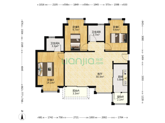 光明国际 3室1厅2卫 104平方