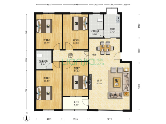 市委办公厅宿舍小区 4室1厅2卫 126平方