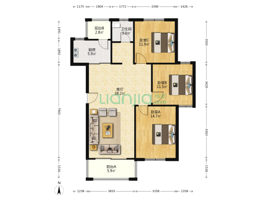 万霖花苑东区 3室1厅1卫 114平方