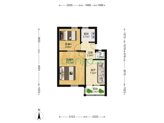 铁路38宿舍 2室1厅1卫 38平方