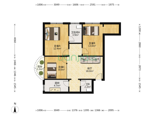 金榜大厦 3室1厅2卫 90平方