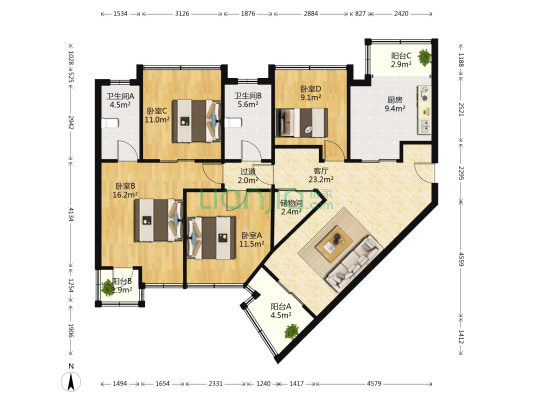 泰德苑 4室1厅2卫 133平方