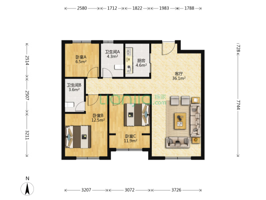 雍锦园 3室1厅2卫 117平方