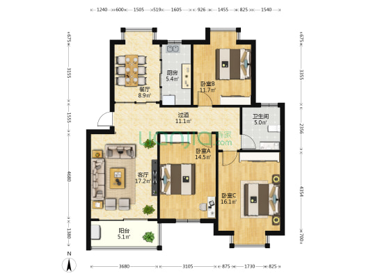 盛巷花苑北区 3室2厅1卫 114平方