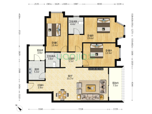 水天一色 3室1厅2卫 142平方