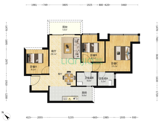 领地·江月兰台 3室1厅2卫 88平方