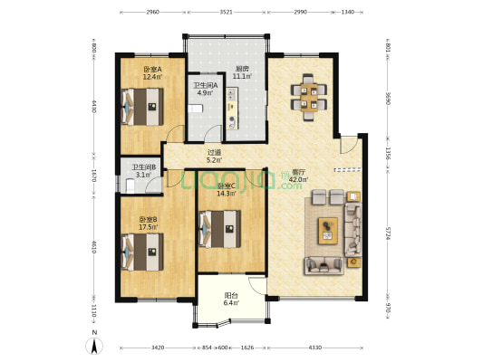 挺进小区 3室1厅2卫 134平方