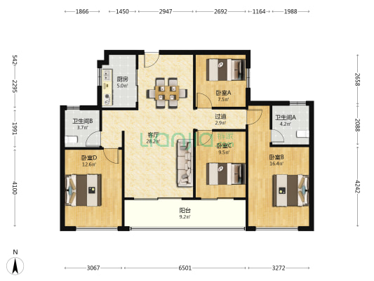 枫岭云湾 4室1厅2卫 122平方