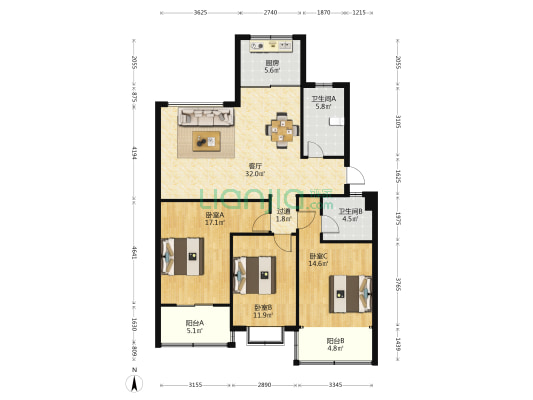 天豐華府 3室1厅2卫 119平方