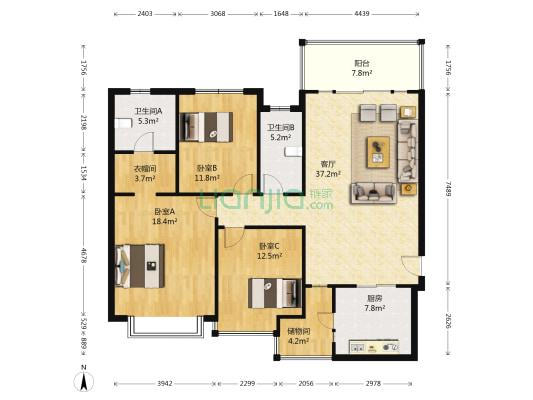 恒大绿洲西西区 3室1厅2卫 153平方