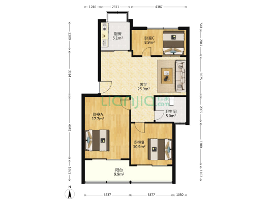 鑫达风和日丽 3室1厅1卫 89平方