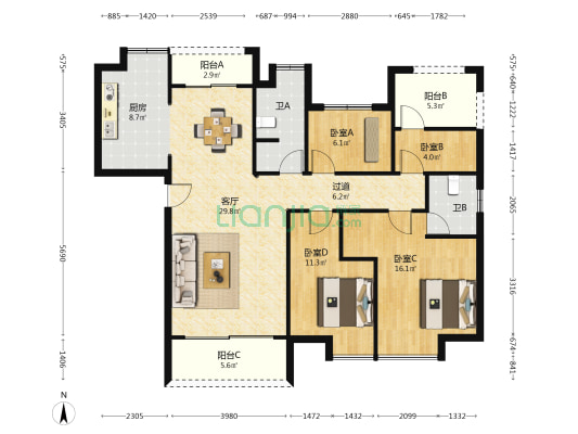 厚海玉龙 4室1厅2卫 130平方