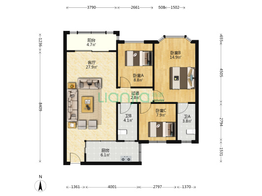海潼居 3室1厅2卫 94平方