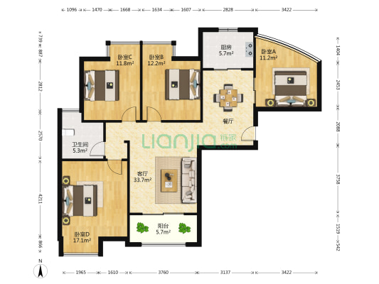 红谷凯旋 4室1厅1卫 114平方