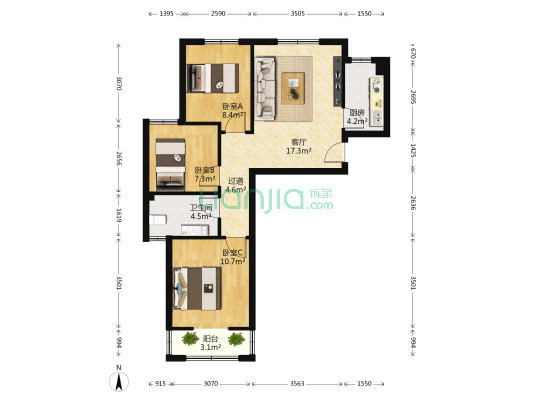 水木清城南院 3室1厅1卫 90平方