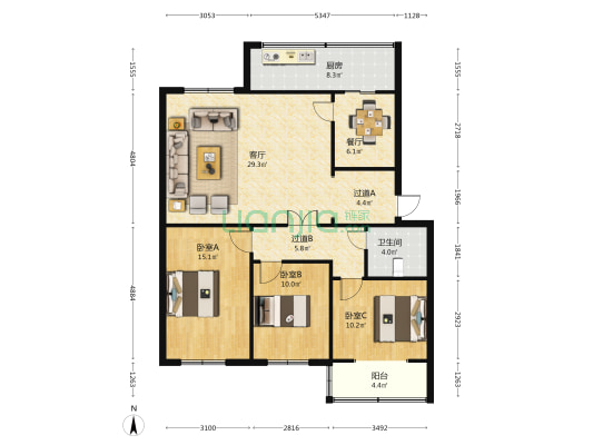 鱼池街外贸宿舍 3室2厅1卫 113平方