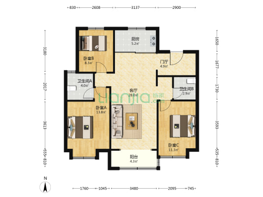 万科翡翠四季C区 3室1厅2卫 115平方